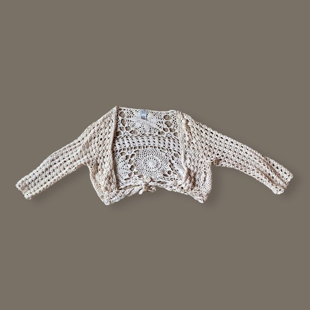 FAIRYCORE / FAIRY GRUNGE CREAM TIE FRONT CROCHET CARDIGAN